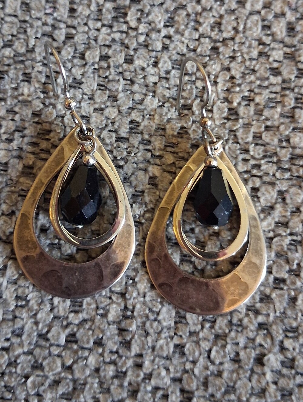 Silver Tone Teardrop Earrings with Black Faceted Stone